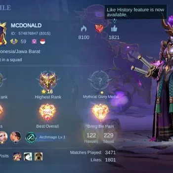 Mobile Legends: Bang Bang Accounts Collector Global|Skin 229|Renowned|KOF Karina,LBox,Saber+Johnson+Karrie+Zhask,Blazing