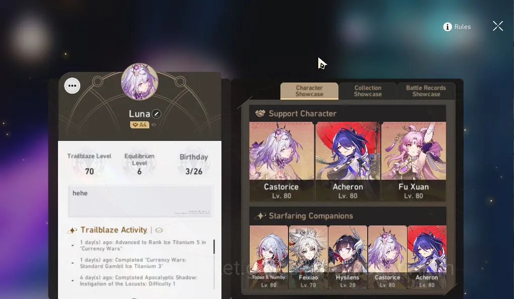 Honkai Star Rail Accounts Mid Game ASIA|TL 70|13 Limited |[Castorice,Acheron 2