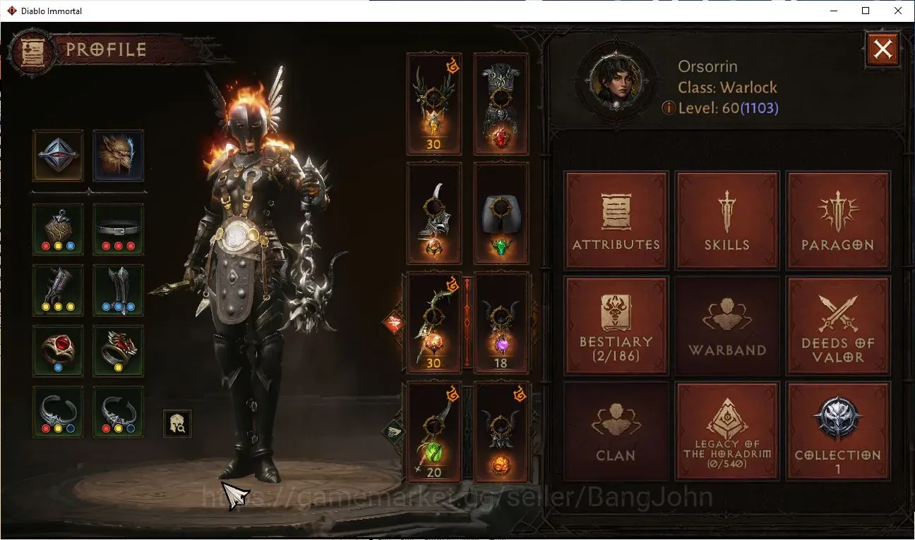 Diablo Immortal Accounts High-End NA-High Heavens|60 (1103) Warlock-Slayer|CR 47549|Reso420|Inverno V|VAROG Lv.30 1