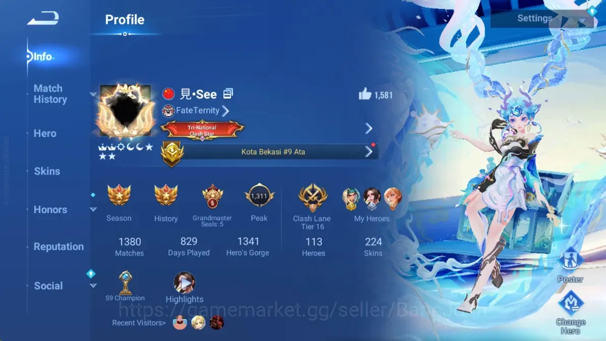 Honor of Kings Accounts Rare Skin Global|113H 224S|LNY24:Angela|KIC:Luna|7 Legend:Allain,ConsortYu,Li Xin,Kaizer,Sun 1