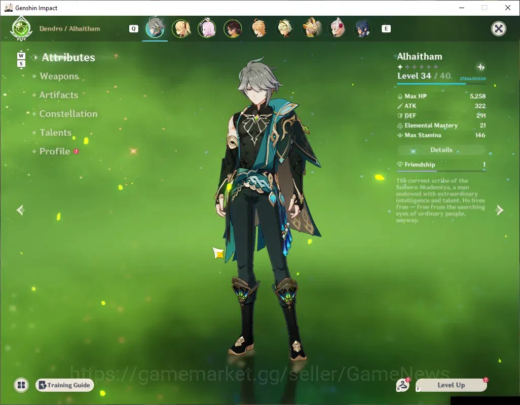 Genshin Impact Accounts Reroll Asia|AR 21|2 Limited (Alhaitham,Cyno) + 2 Standard Char(Diluc,Keqing)|Low Main Quest|Male 3