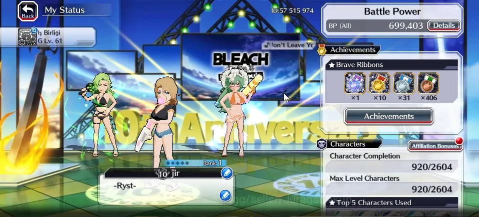 Bleach: Brave Souls Accounts High-End [GLOBAL]|47K Orb|Ichigo 10th,Nelliel+Rangiku 10th Art,Candice Swimsuit24,Ichigo 6