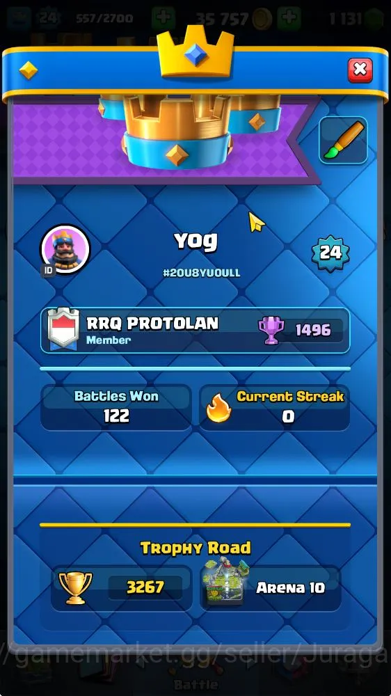 Clash Royale Accounts Midgame Lvl 24|Trophy 3267|KTL 9|Limited Skin|Card 68| 3 EVO 33 Epic, 24 Rare, 26 2