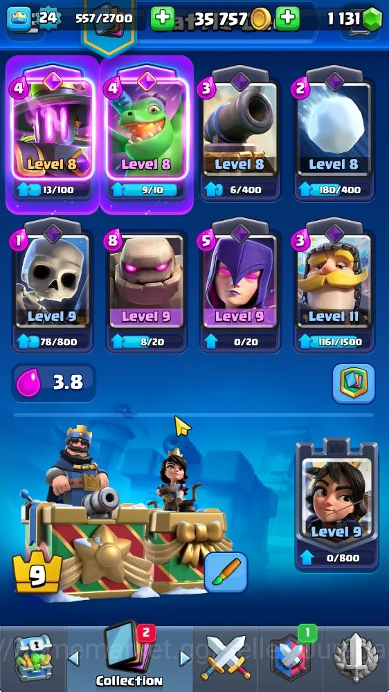 Clash Royale Accounts Midgame Lvl 24|Trophy 3267|KTL 9|Limited Skin|Card 68| 3 EVO 33 Epic, 24 Rare, 26 4