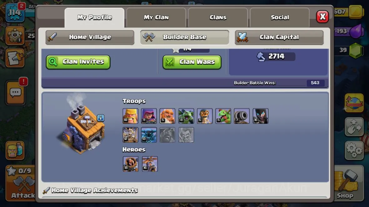 Clash of Clans Accounts Mid-Tier TH 12-BH8|LV114|League Wizard10 |HH7|BK 50,AQ 50,GW 20,MP 30,RC 0|CN ON|Protect OFF |TAKE 5