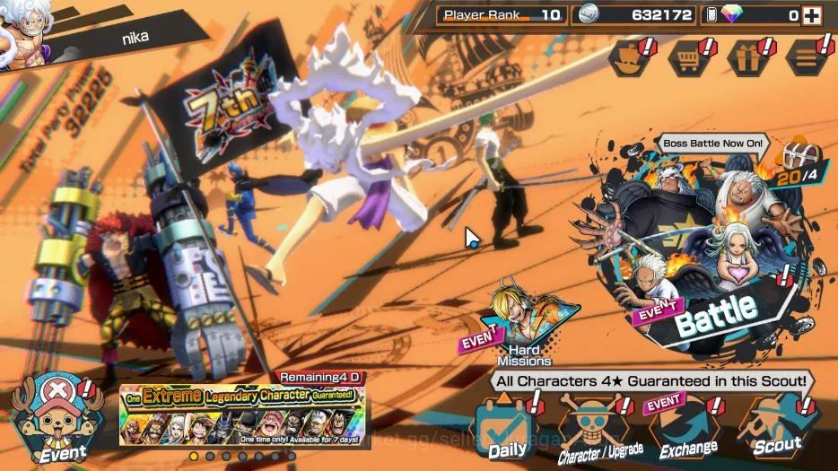 One Piece Bounty Rush Accounts Starter Global | 3 META EX | Four Emperor Luffy, Sakazuki, Kid and Law | Rank 10 | Log Bandai