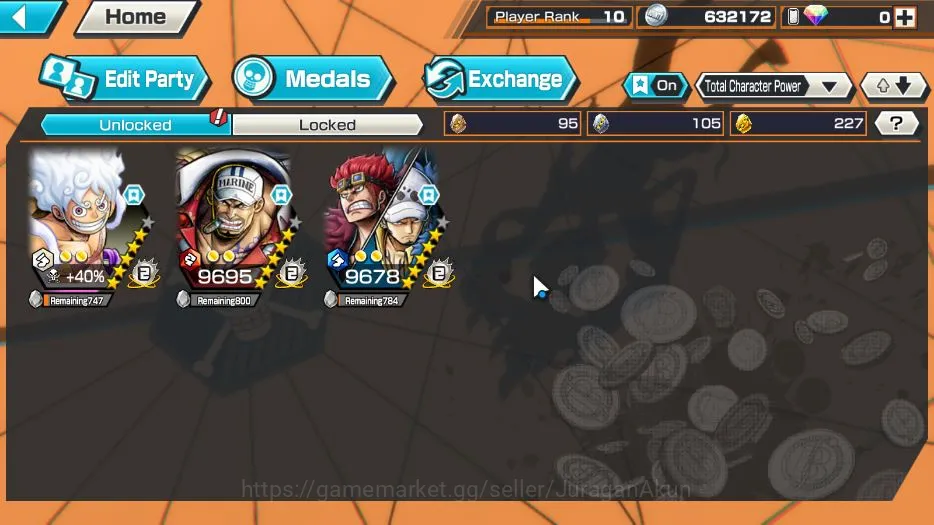 One Piece Bounty Rush Accounts Starter Global | 3 META EX | Four Emperor Luffy, Sakazuki, Kid and Law | Rank 10 | Log Bandai 2