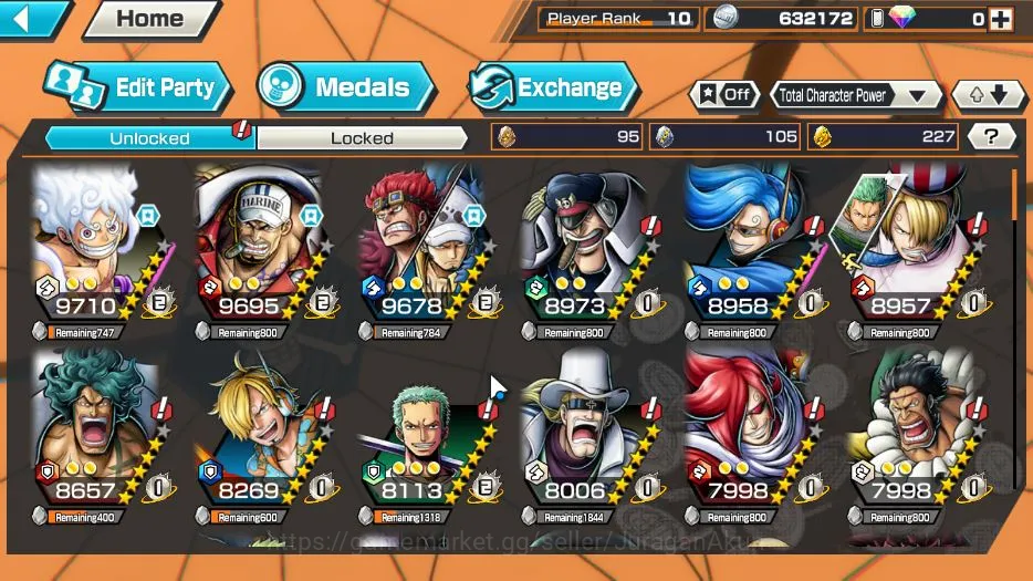 One Piece Bounty Rush Accounts Starter Global | 3 META EX | Four Emperor Luffy, Sakazuki, Kid and Law | Rank 10 | Log Bandai 3