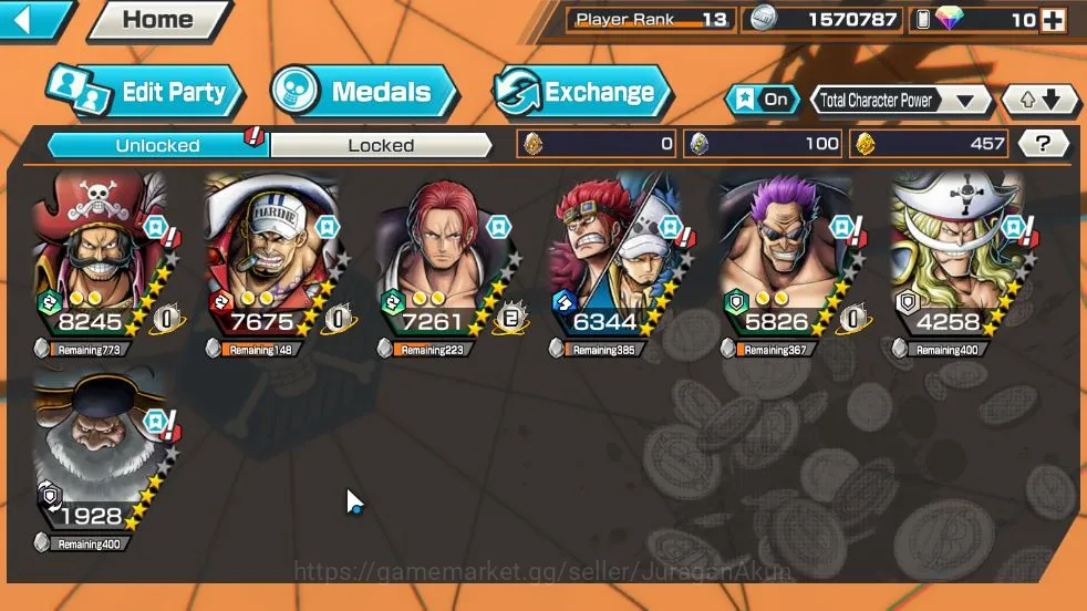 One Piece Bounty Rush Accounts Mid-Tier Global|7 META EX|Gol D.Roger King Pirates,Fleet Admiral Sakazuki,Shanks RED,Kid&Law 5
