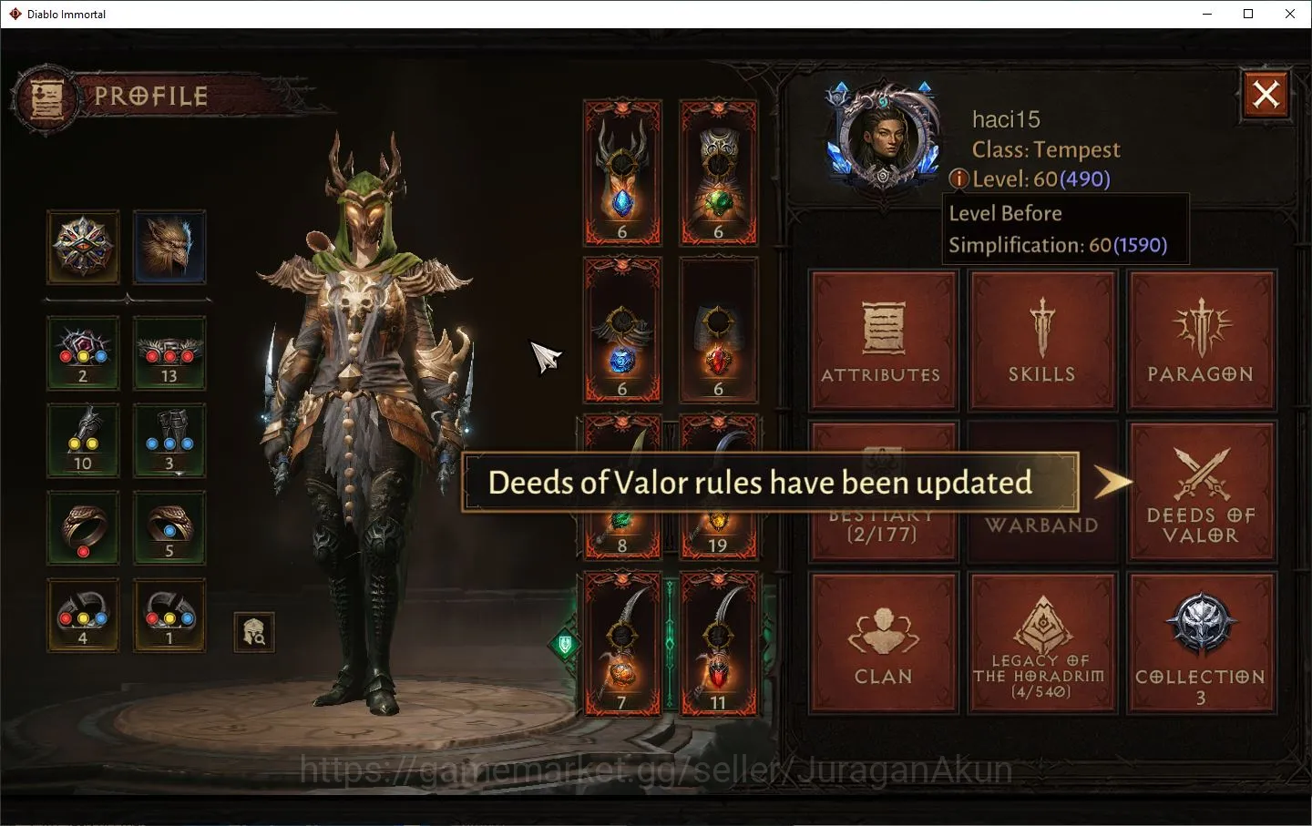 Diablo Immortal Accounts Mid-Tier SEA-Izual|Lv60(490)Tempest|28K CR|Reso 600|Hell III|Paragon Slayer|Hell Lv17|Esessence Lv 4