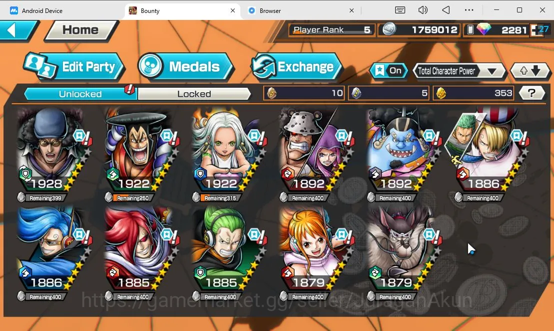 One Piece Bounty Rush Accounts Starter Global | 3 META EX |BlackBeard Kuzan,Kozuki Oden,Seraphim Snake| RD 2281| Rank 5 4