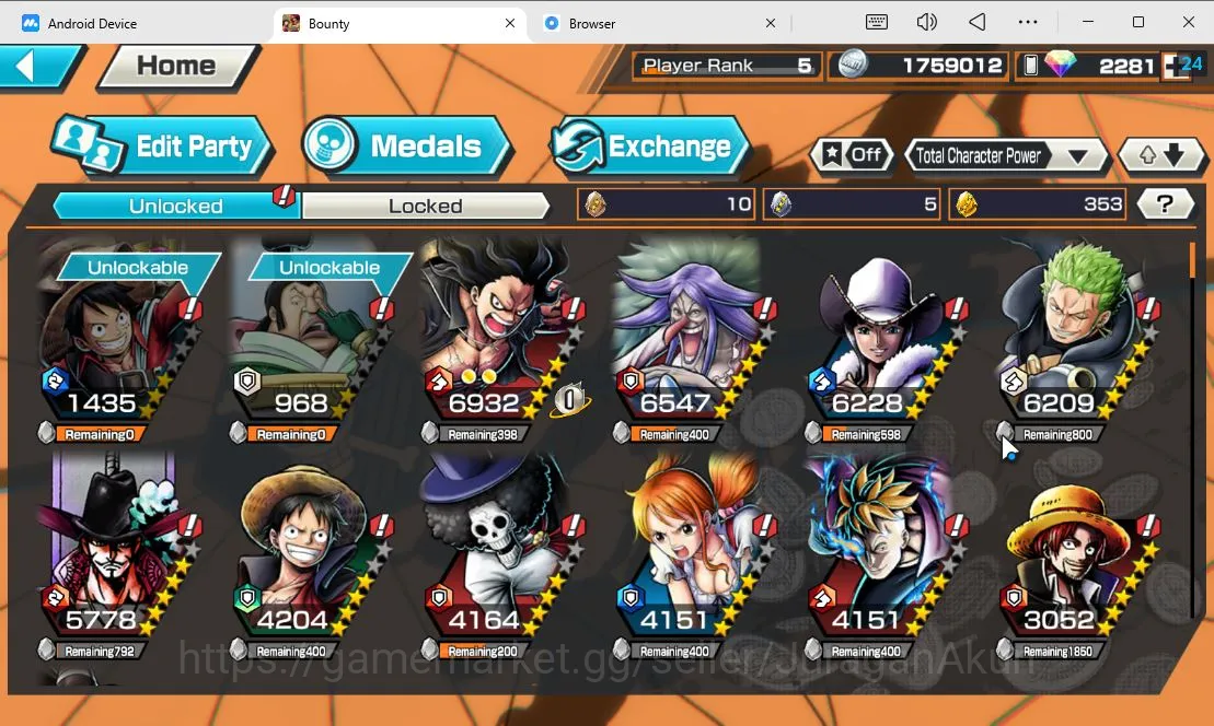 One Piece Bounty Rush Accounts Starter Global | 3 META EX |BlackBeard Kuzan,Kozuki Oden,Seraphim Snake| RD 2281| Rank 5 6