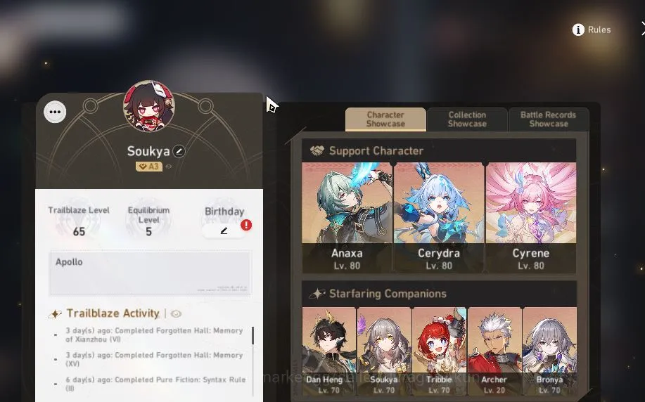 Honkai Star Rail Accounts Mid Game ASIA|TL 65|7 Limited |Cyrene+Sign,Phainon,3B,Dante,Cerydra,Anaxa,Etc|9K SJ|MC 2