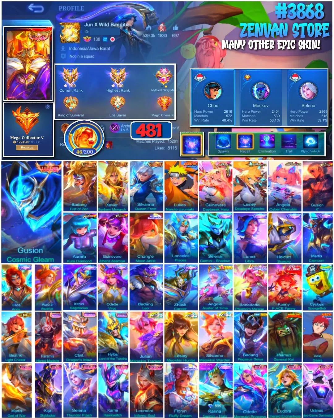 Mobile Legends: Bang Bang Accounts #3868 481 Skins | Legend Gusion | Collector Badang image 1