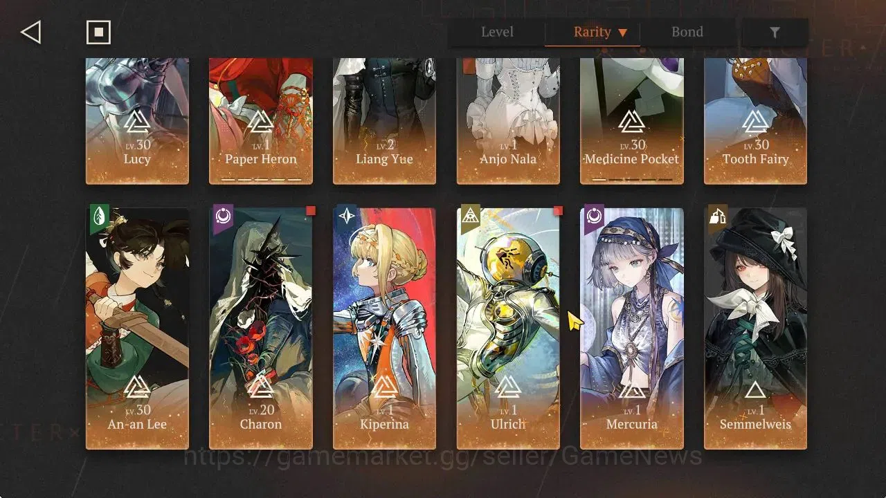 Reverse: 1999 Accounts Midgame GLOBAL|Lv47|18*6Crew(5Limit)|[(Paper HeronP5,Lucy,Charon)+Psy,Liang Yue,Anjo Nala],Med 3