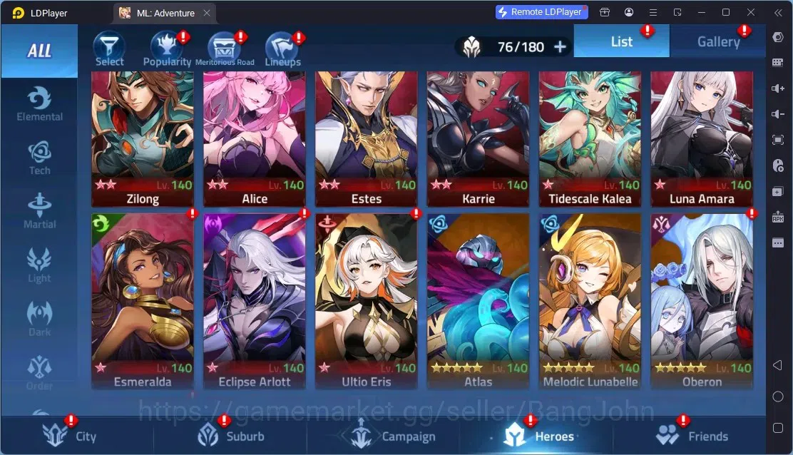 Mobile Legends: Adventure Accounts Global | LV 60 | 1M Power | VIP 4 | Camp 23-35 | Hero 76 | 44 SSR | Detail Check SS 4