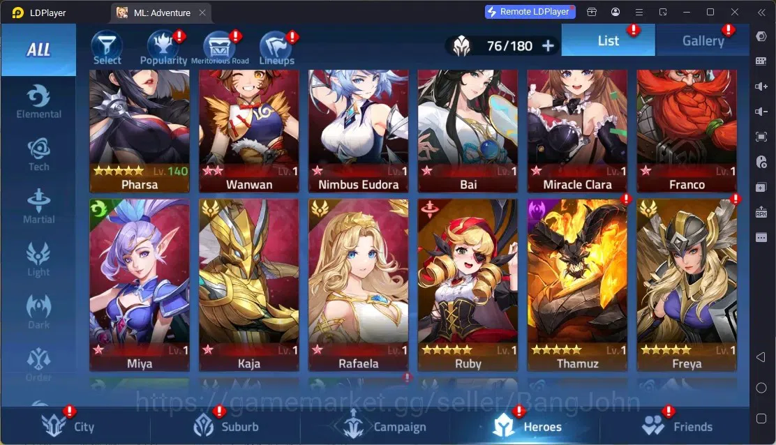Mobile Legends: Adventure Accounts Global | LV 60 | 1M Power | VIP 4 | Camp 23-35 | Hero 76 | 44 SSR | Detail Check SS 5