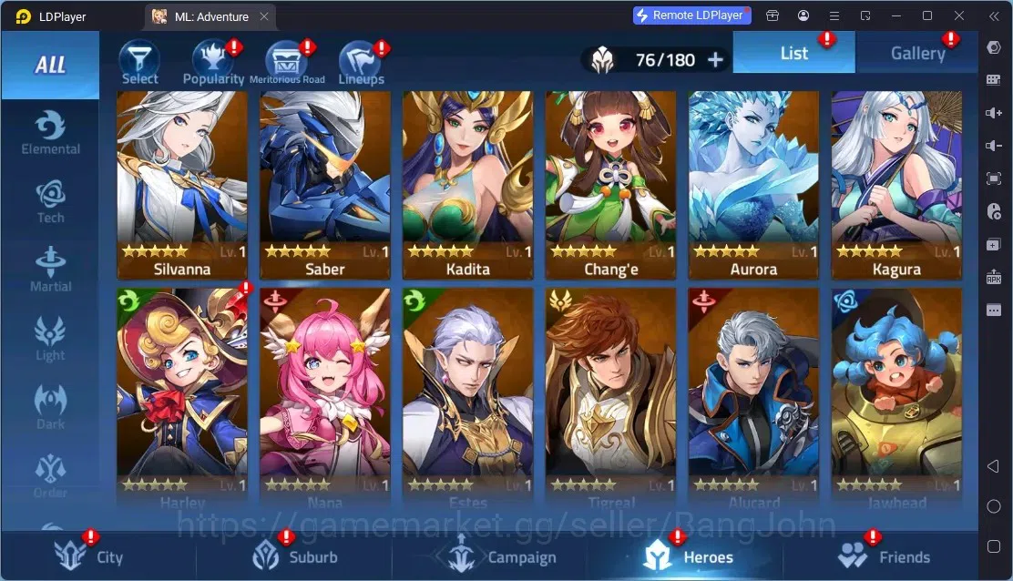 Mobile Legends: Adventure Accounts Global | LV 60 | 1M Power | VIP 4 | Camp 23-35 | Hero 76 | 44 SSR | Detail Check SS 7