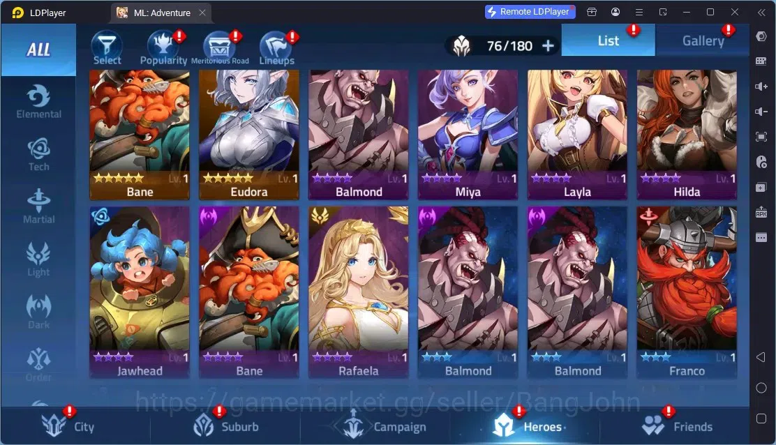 Mobile Legends: Adventure Accounts Global | LV 60 | 1M Power | VIP 4 | Camp 23-35 | Hero 76 | 44 SSR | Detail Check SS 8