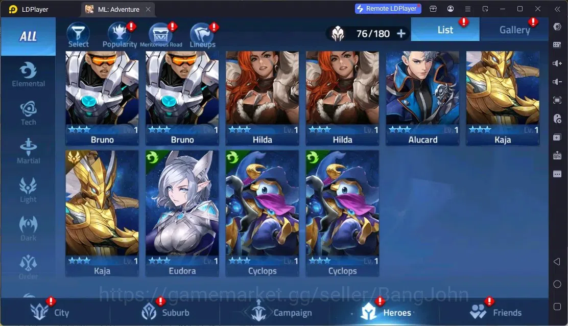Mobile Legends: Adventure Accounts Global | LV 60 | 1M Power | VIP 4 | Camp 23-35 | Hero 76 | 44 SSR | Detail Check SS 9
