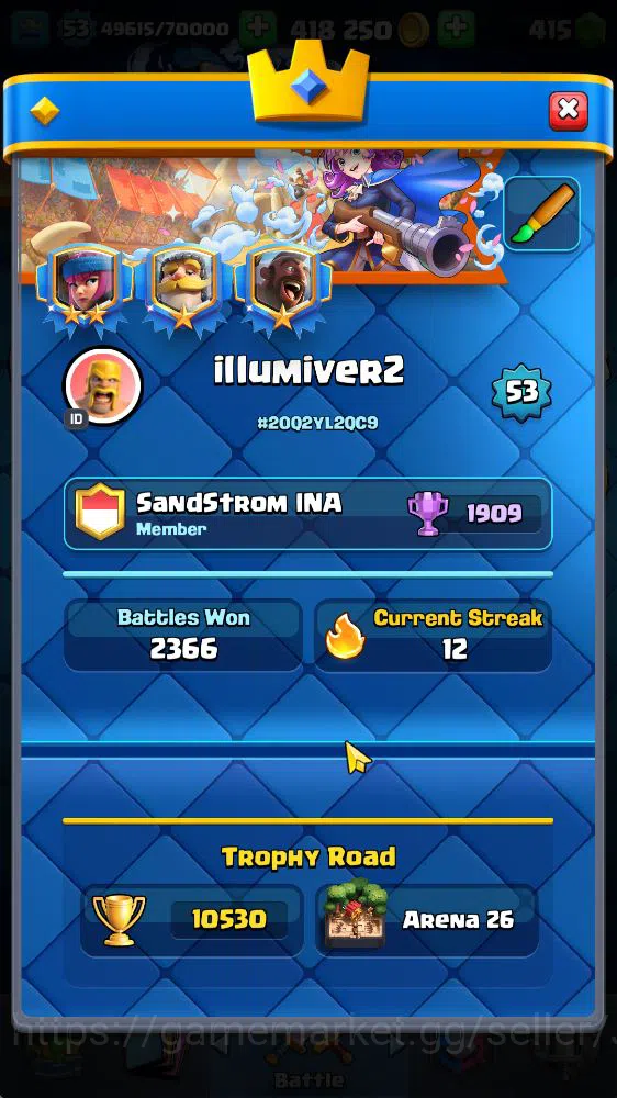 Clash Royale Accounts Midgame Lvl 53|Trophy 10530|KTL 14|Limited Skin|Card 120|1 Hero 10 EVO 7 Champ 21 Legendary 33 Epic 30 3