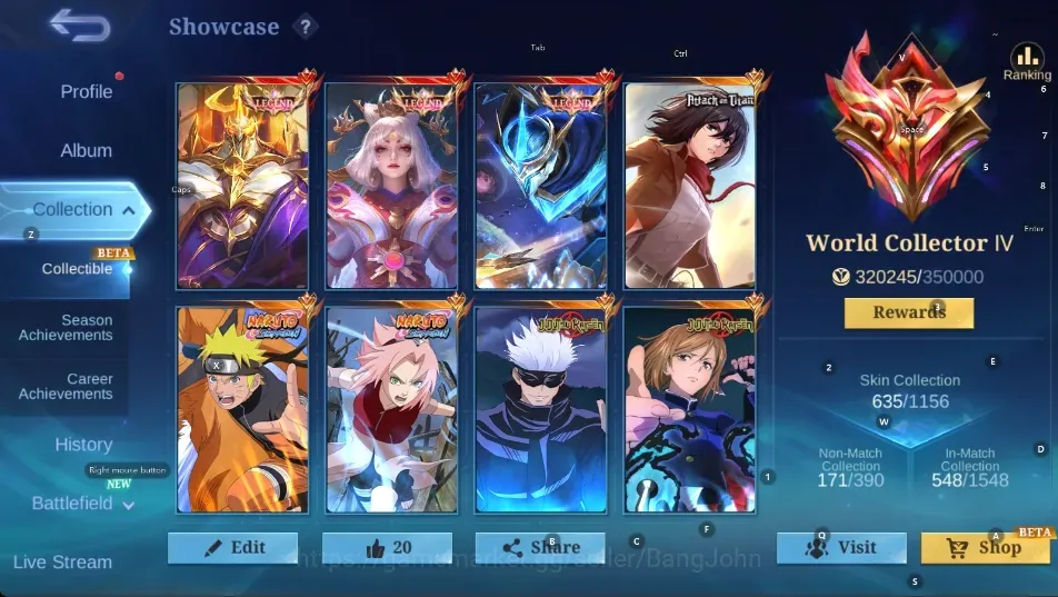 Mobile Legends: Bang Bang Accounts Others Global|635 Skin|World|3 LEGEND Skin,NARUTO+SAKURA,6 JJK Skin,AOT Fanny,Aspirants 1