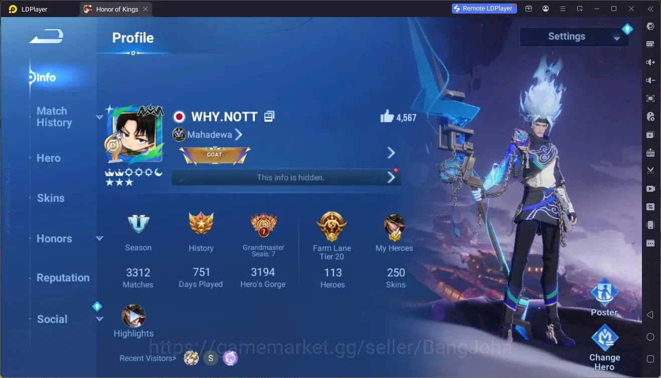Honor of Kings Accounts Rare Skin Global|113H 250S|Mythic HanXin,Preciuos D.Conan MarcoPolo,ShanHai 1