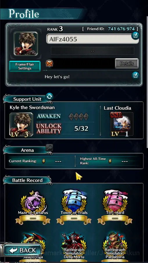 Last Cloudia Accounts Low-End Global|Starter Rank 3|Kyle the Swordsman,MB Rei,Lilebette of the Blaze,Etc| 7 SSR Ark|Code 12