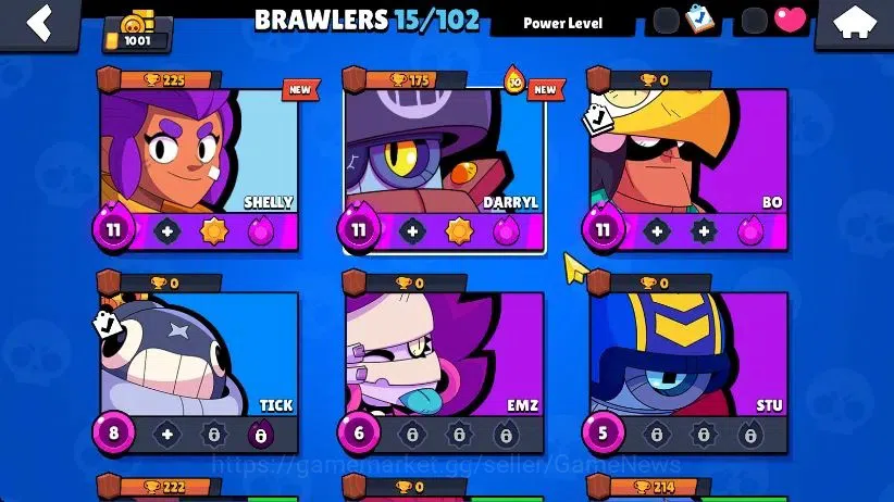 Brawl Stars Accounts 1001 Trophy|5K Bling|15 Brawlers 3 Max Lvl [Bo,Darryl,Shelly]|1 Hypch Skins [Sovereign Gem Rico] 2 3