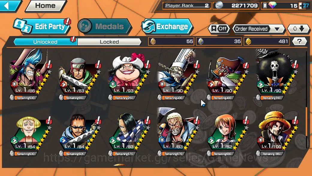 One Piece Bounty Rush Accounts Starter Global|5 EX|4Emperor Teach,[Borsalino],FilmZ Zephyr,BP Kuzan,5Elder Saturn|Rank 6