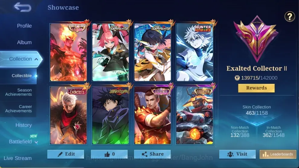 Mobile Legends: Bang Bang Accounts Collector Global|463Skin|Exalted|Legend Valir|Exo Haya,JJK Julian,Aspirant Layla+Ruby,HxH 1