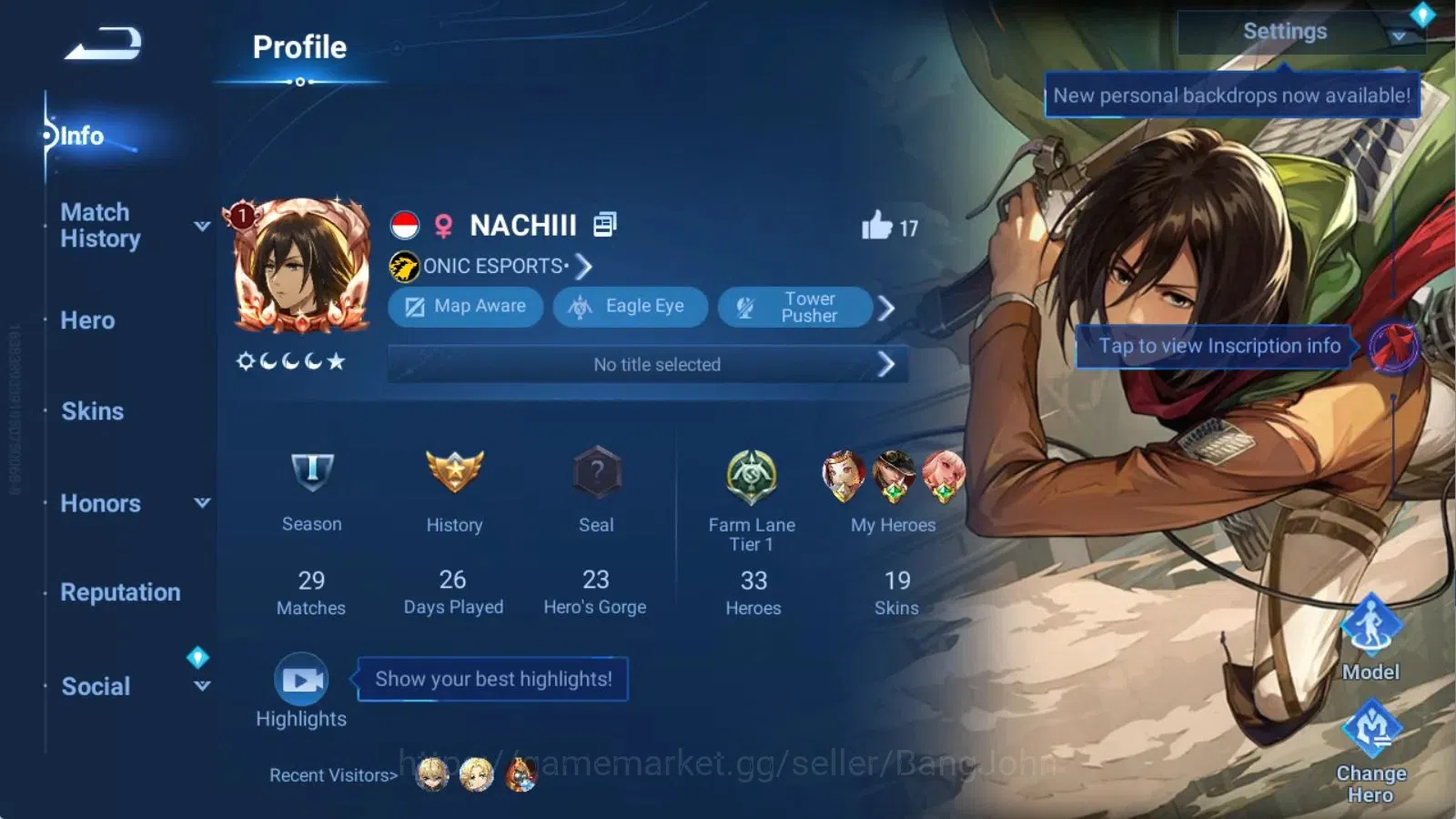Honor of Kings Accounts Global | 33H 19S | PRECIOUS Jing Mikasa, AOT Mayen image 1