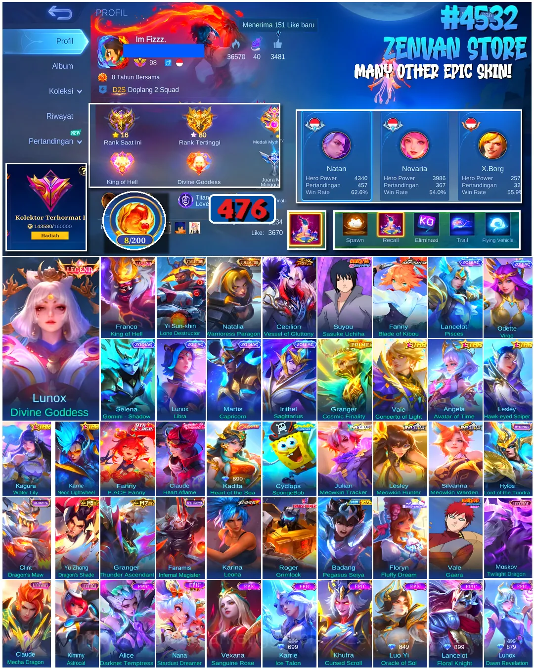Mobile Legends: Bang Bang Accounts #4532 476 Skins | Franco King of Hell (LEGEND) | Lunox Divine Goddess (LEGEND) | Floryn 1