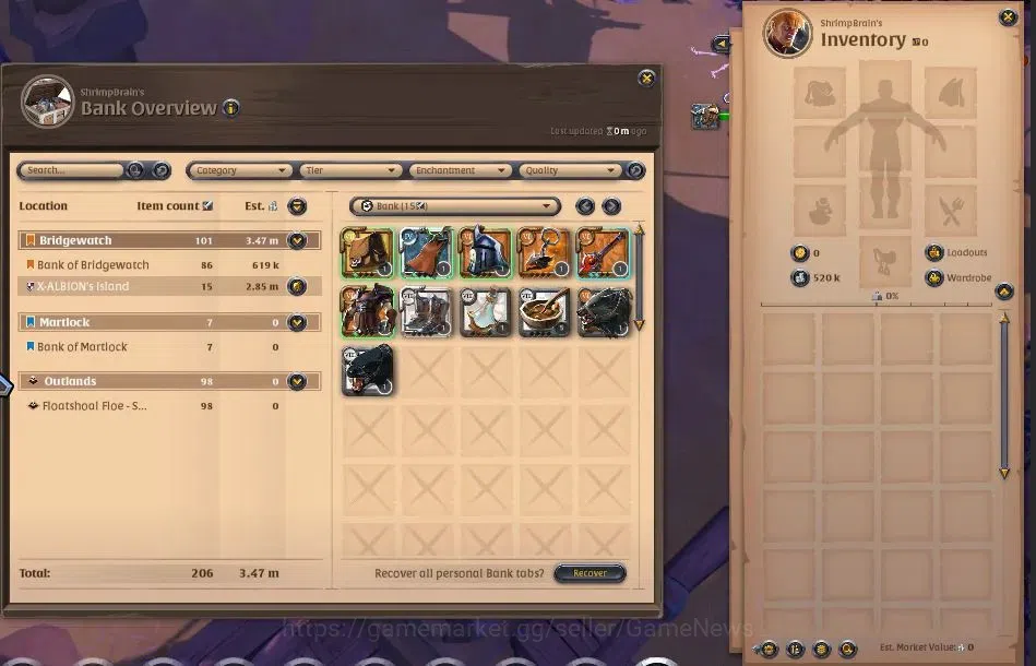 Albion Online Accounts High-End ASIA|331M Total Fame|5 WP Lv 100+ PVP&PVE Build|4 Off Hand Lv 100+|3 T7 GatheringTool|19,8M 2