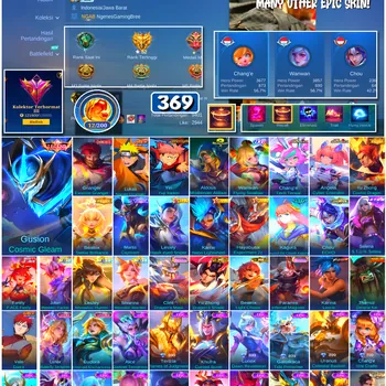 Mobile Legends: Bang Bang Accounts #4509 369 Skins | Gusion Cosmic Gleam (LEGEND) | Karina Leona (KOF) | Lukas Naruto