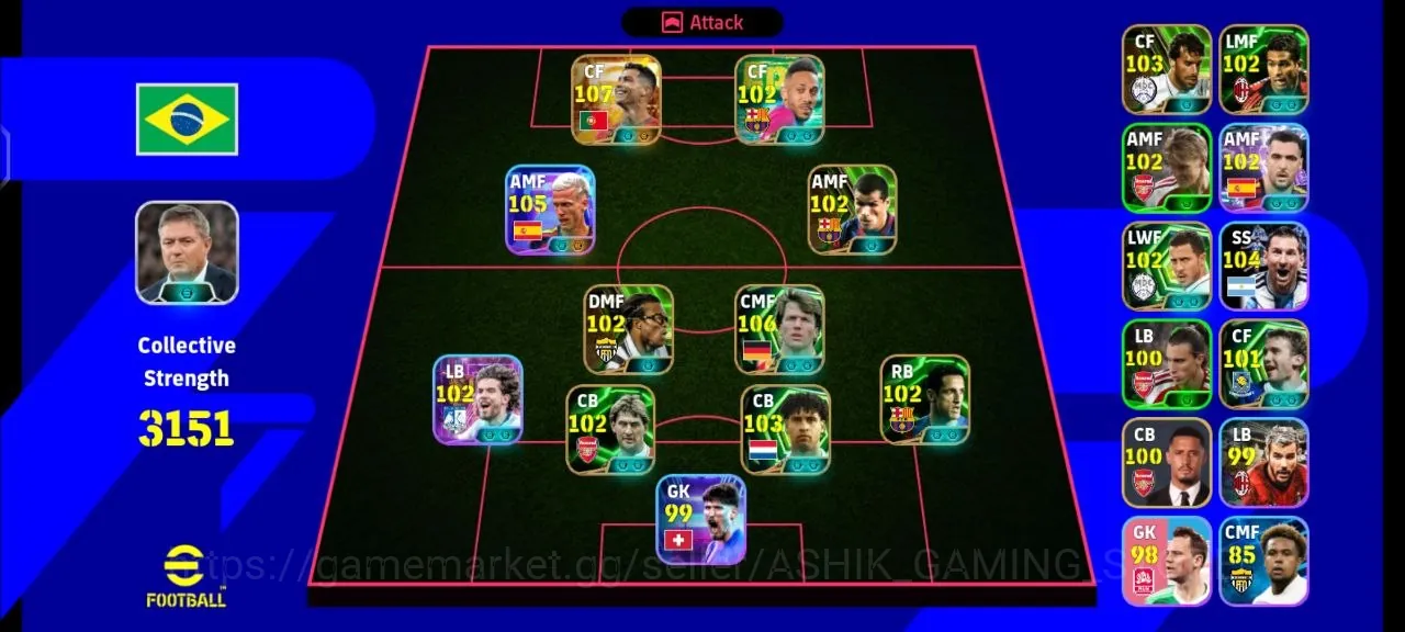 eFootball Accounts Legends & Iconic Players eFootball 3151 Team Strength | 107 CF + 106 CMF + 105 AMF | Premium Squad 1