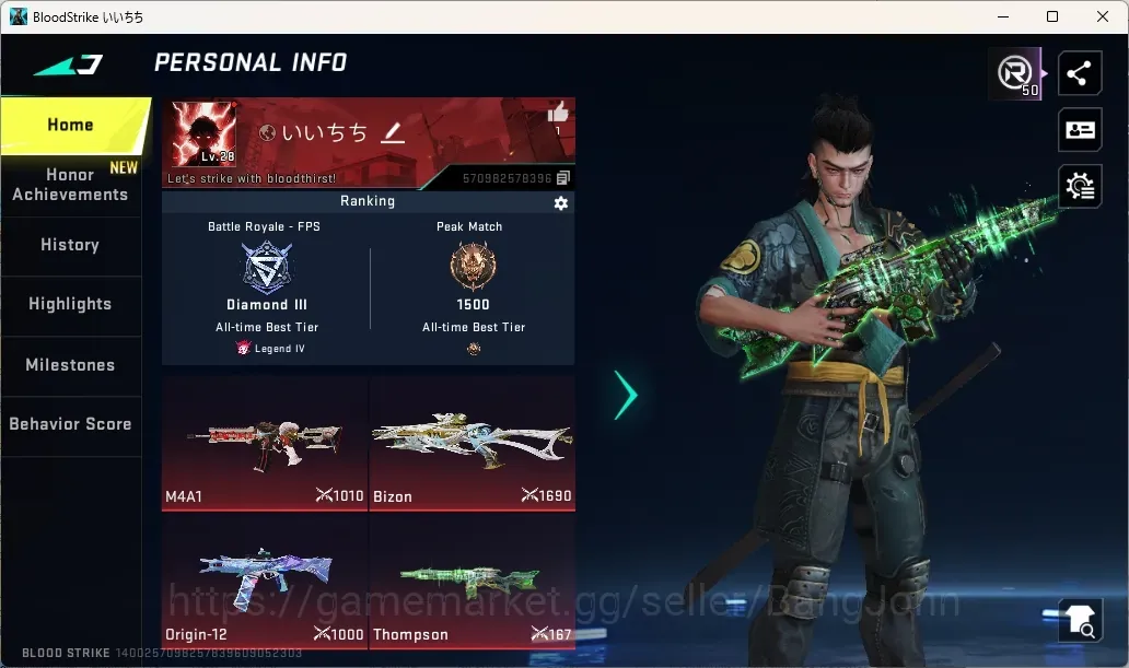 Blood Strike Accounts Collab Skin ASIA |Eternal: M700-Seraph Lv.1,Bizon-Seraph Lv.3,Thompon-Unplugged Lv.1|2 Collab Gun|TR 1