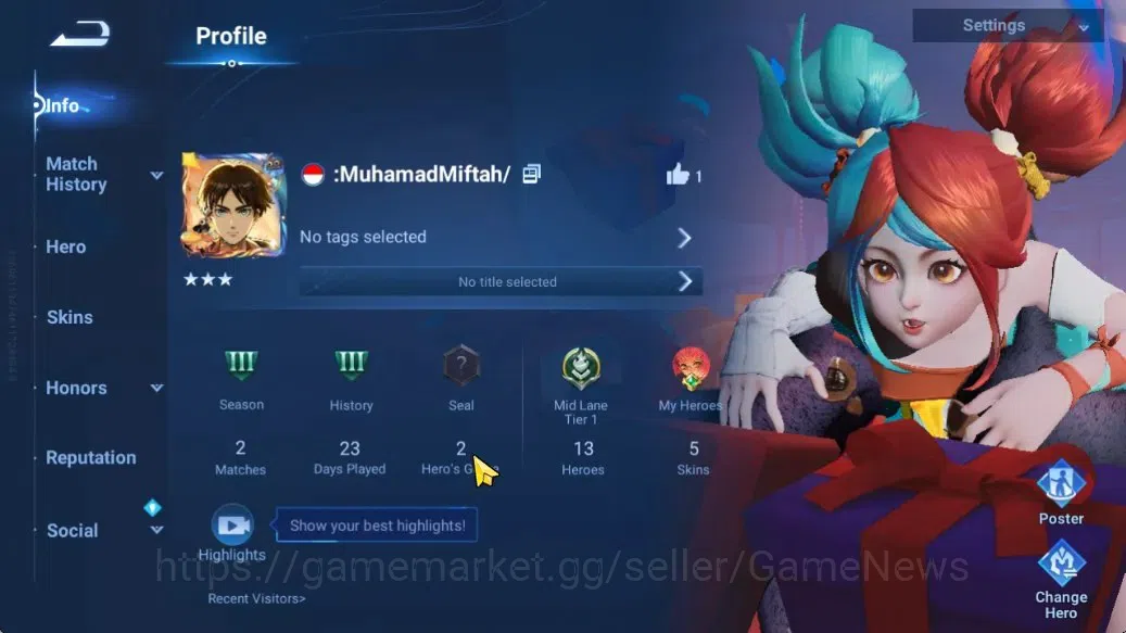 Honor of Kings Accounts Hero 13 Skin 5| Fresh Account With Legend Skins |  image 2
