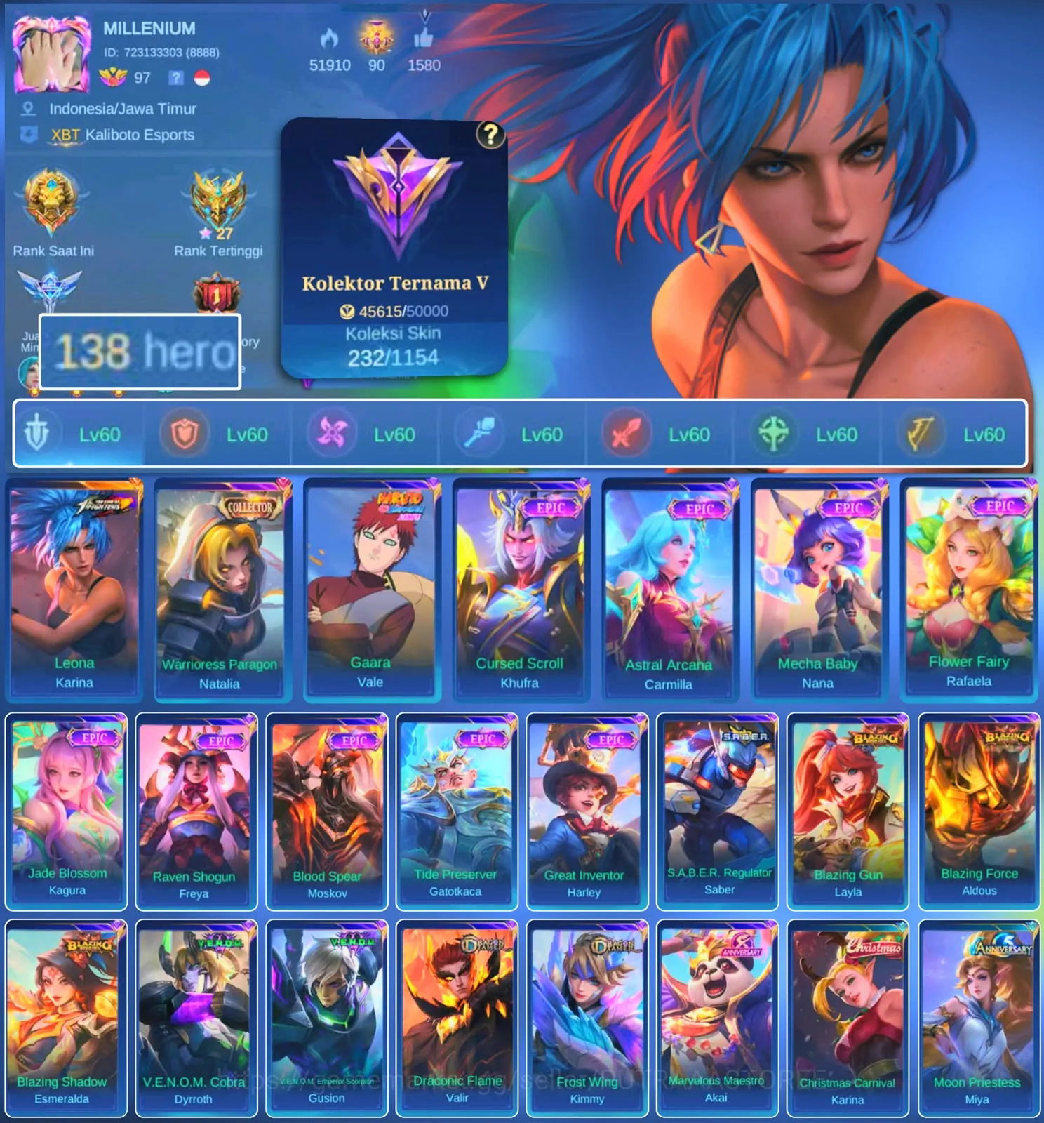 Mobile Legends: Bang Bang Accounts Others HERO 138 SKIN 232 | EMBLEM ALL MAX| COLECTOR NATALIA| VALE GARA| EPIC KHUFRA 1