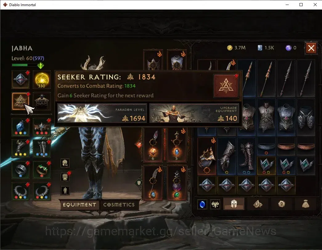 Diablo Immortal Accounts High-End OCE - Azmodan|CS ON|Lv60(597)|Blood knight|35K CR|Reso 330|Paragon Vanquisher|Inferno II|2 5