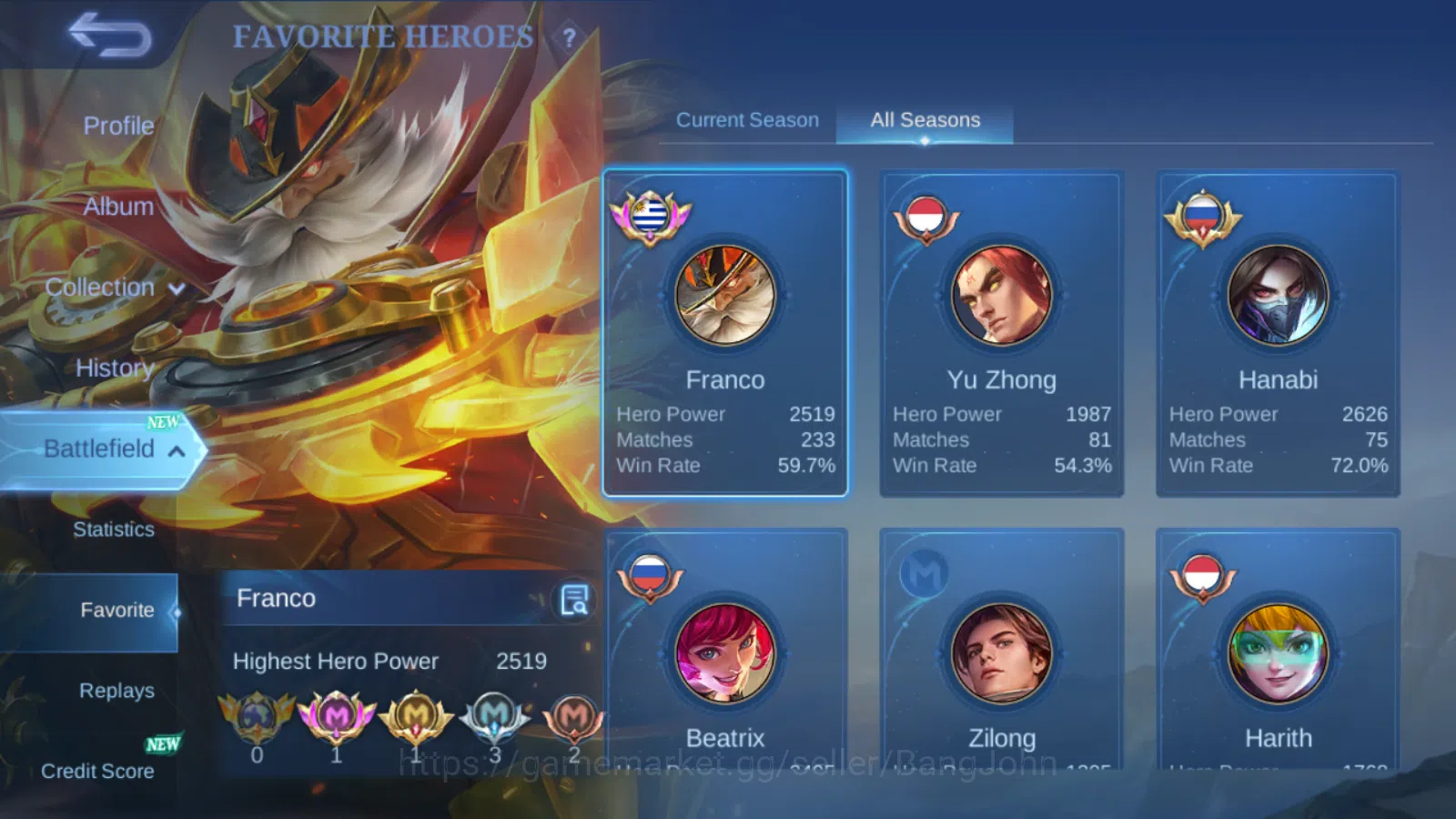 Mobile Legends: Bang Bang Accounts Others Hero 75 | Skin 139 | Collector Pharsa | Prime Yu Zhong | Luckybox Kimmy | KOF 3
