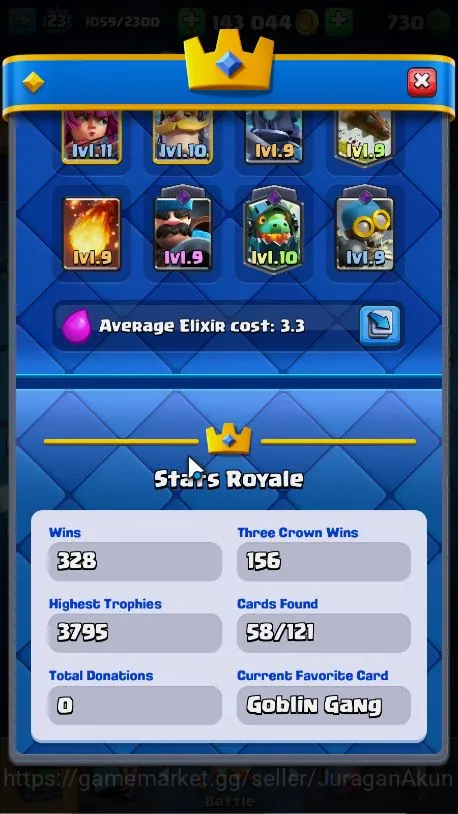 Clash Royale Accounts Midgame Lvl 23|Trophy 3795|KTL 9|Limited Skin|Card 58|1 EVO,2 Legend,14 Epic,19 Rare,20 4