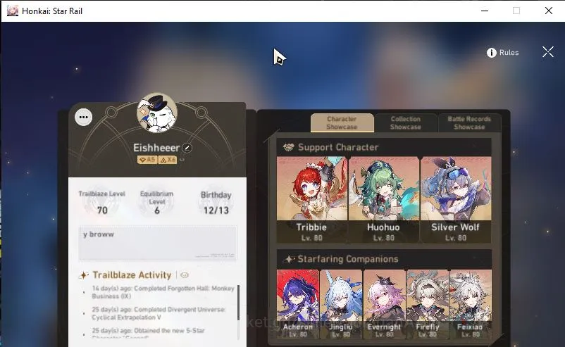 Honkai Star Rail Accounts Mid Game ASIA|TL 70|16 Limited|[Firefly,Jingliu,Acheron,Aventurine]+Sign,Tribbie,Huohuo Etc|MC 5