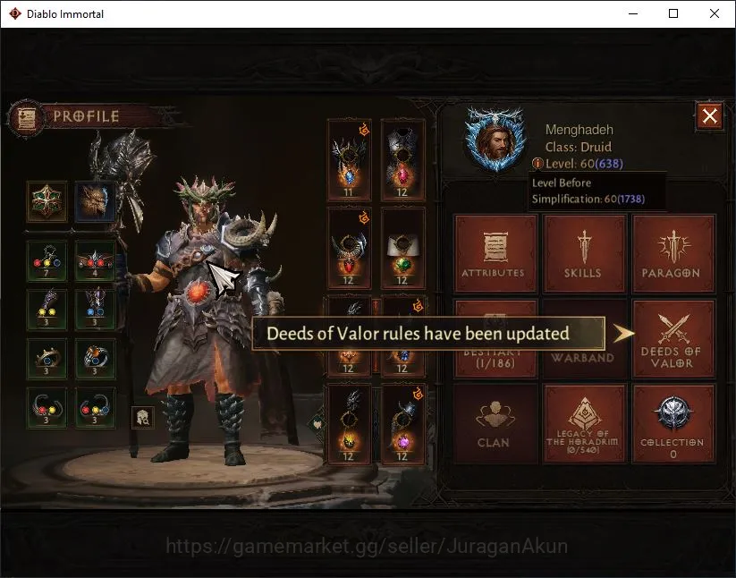 Diablo Immortal Accounts Mid-Tier SA - Malah|Lv60(638) Druid|34K CR|Reso 300|Inferno I|Paragon Maledictor|0 Cosmetics|Hell 3