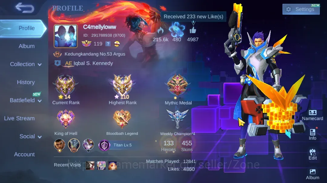 Mobile Legends: Bang Bang Accounts Collector Hero 133|Skin 455|HighImmo 110|Legend Franco,Colector Argus and Granger,Chou 1