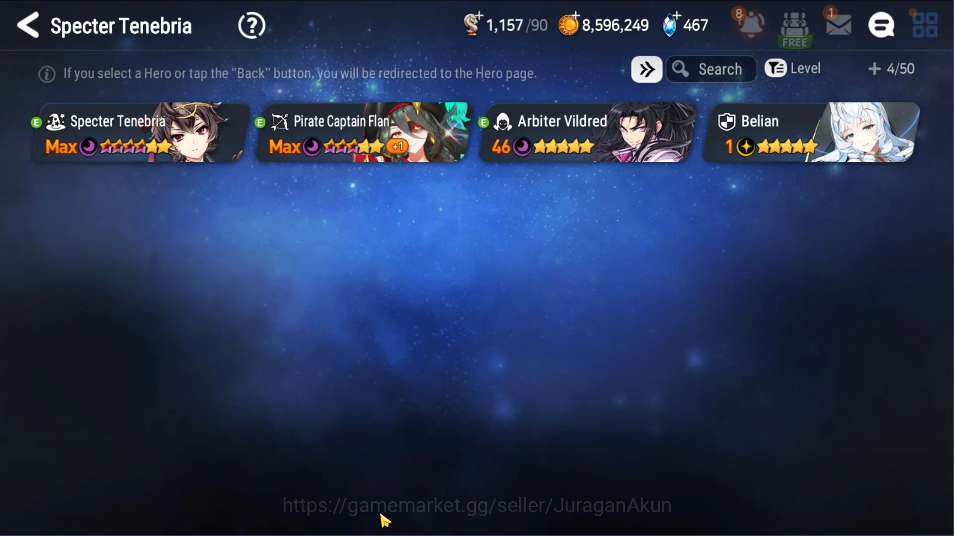 Epic Seven Accounts Mid-Tier Global Unverif|4ML(Tenebria,Cap Flan,Vildred,Belian)92Char|W auto hunt|2.4K Energy|PoH ON|Log 7