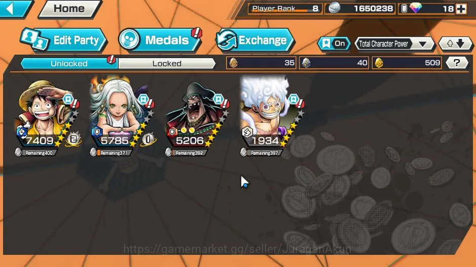 One Piece Bounty Rush Accounts Mid-Tier Global|4 META EX|MWD Luffy,Seraphim S-Snake,7 Warlods of the Sea Teech,4 Emperors 4