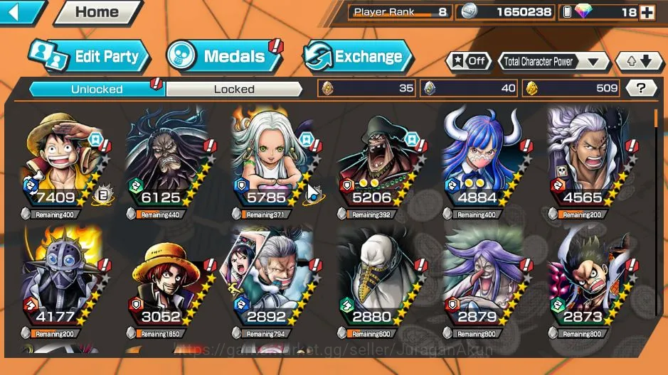 One Piece Bounty Rush Accounts Mid-Tier Global|4 META EX|MWD Luffy,Seraphim S-Snake,7 Warlods of the Sea Teech,4 Emperors 5