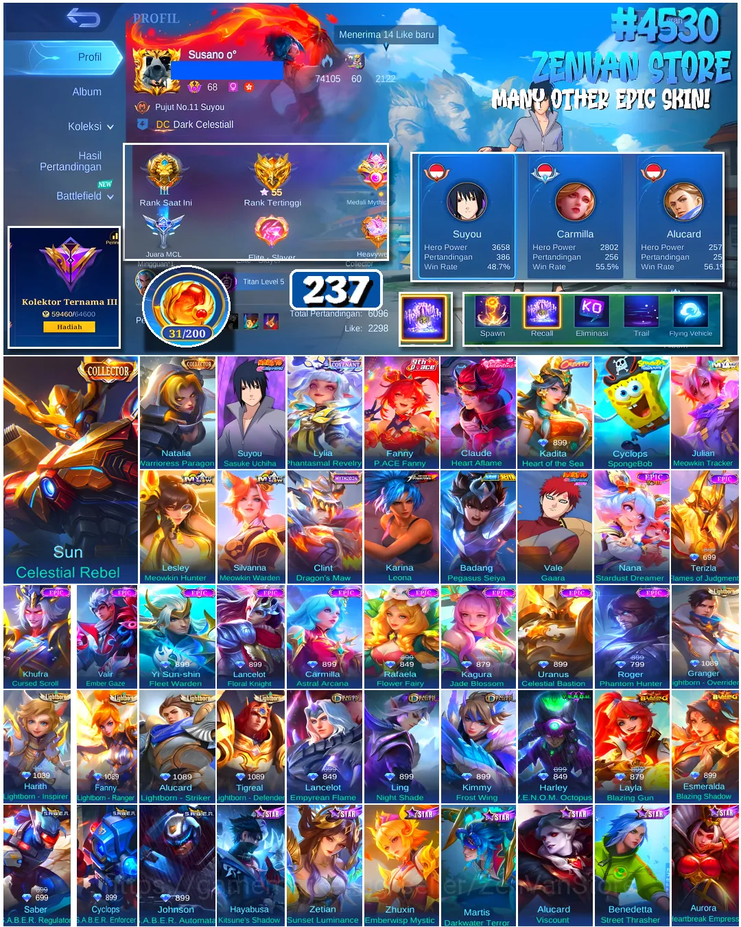 Mobile Legends: Bang Bang Accounts #4530 237 Skins | Sun Celestial Rebel (COLLECTOR) | Karina Leona (KOF) | Suyou Sasuke 1
