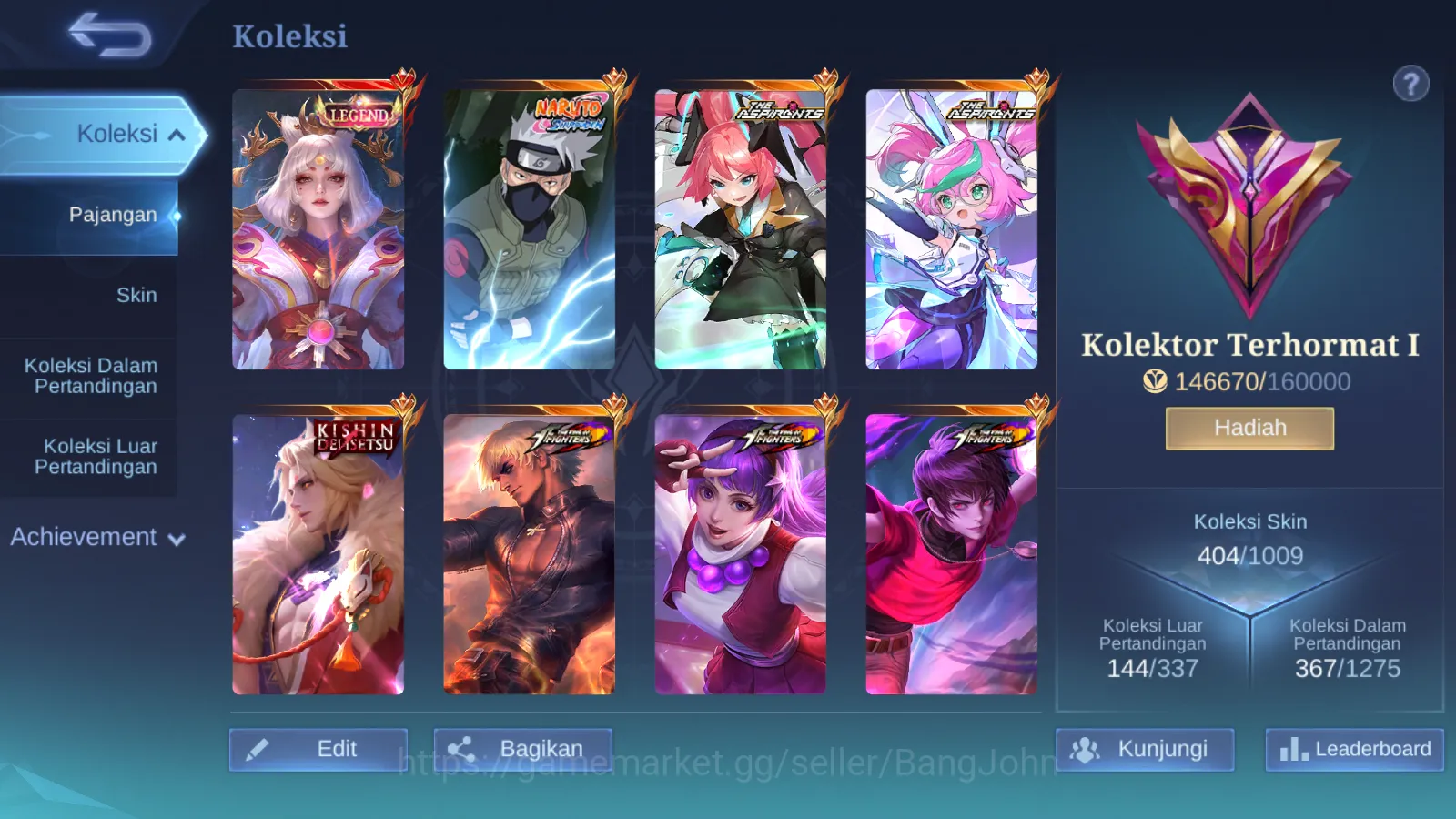 Mobile Legends: Bang Bang Accounts Others Hero 129 | Skin 404 | NARUTO Hayabusa, Legend Lunox, Kishin Densetsu Lancelot, CC 6